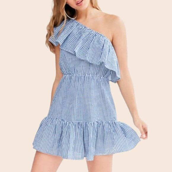 MINKPINK Dresses & Skirts - MINKPINK Wanderer Blue & White Gingham One-Shoulder Ruffle Dress Size Medium